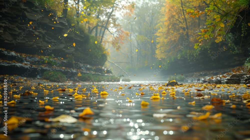 Beautiful river scene with colorful autumn leaves gently falling on the water surrounded by misty morning and vibrant forest landscape Beautiful river scene with colorful autumn leaves gently falling on the water surrounded by misty morning and vibrant forest landscape