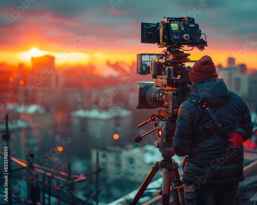 A filmmaker on a movie set operating a large pantilt camera crane to capture a dramatic sunrise over a bustling cityscape