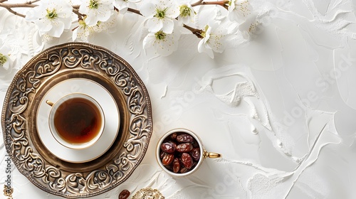 about Ramadan Kareem greeting card  invitation. Ornamental tea  coffee cup  bronze plate with dates fruit  white blooming prunus tree branch on white table. Iftar dinner. Eid ul Adha banner background