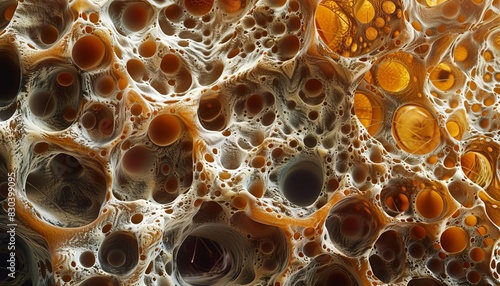 A highly magnified image of healthy bone marrow cells, showing a detailed view of the spongy texture and cell structure