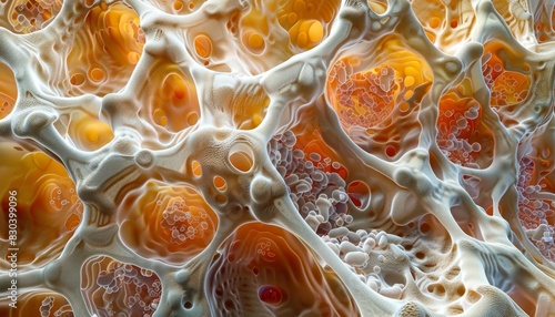 A highly magnified image of healthy bone marrow cells, showing a detailed view of the spongy texture and cell structure photo