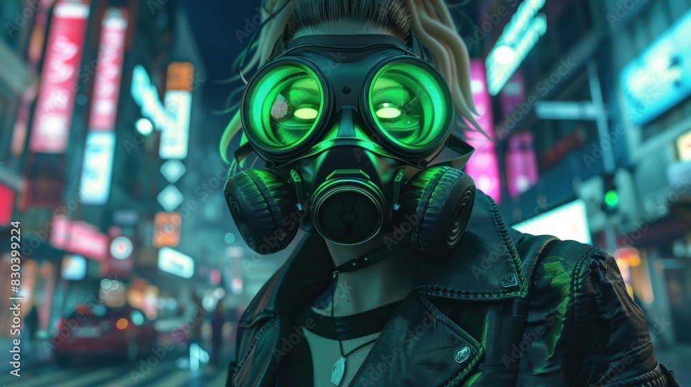 Sci-fi futuristic cyberpunk woman wearing leather jacket with protective gas mask and green glasses Sci-fi futuristic cyberpunk woman wearing leather jacket with protective gas mask and green glasses