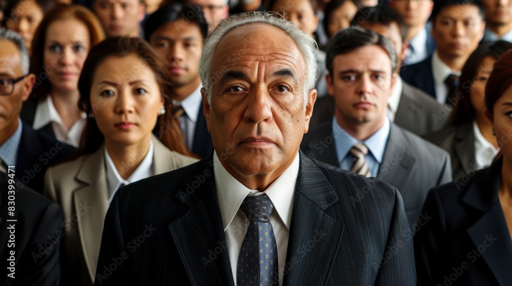 A diverse group of individuals in formal business attire standing closely together, with a senior gentleman in focus, representing teamwork and corporate unity A diverse group of individuals in formal business attire standing closely together, with a senior gentleman in focus, representing teamwork and corporate unity