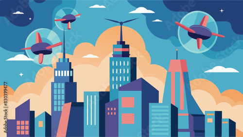 The distinctive sound of propellers fills the air as the eVTOLs soar above the futuristic downtown their movements synchronized in perfect harmony.. Vector illustration