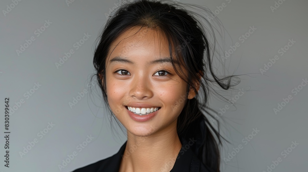 A close-up portrait of a smiling young person with dark hair pulled back, captured against a neutral background, highlighting their radiant skin and engaging eyes A close-up portrait of a smiling young person with dark hair pulled back, captured against a neutral background, highlighting their radiant skin and engaging eyes