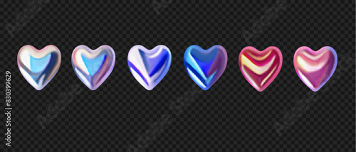 3D liquid holographic metal hearts. Vector illustration. Realistic chrome hearts isolated on black background. y2k style.