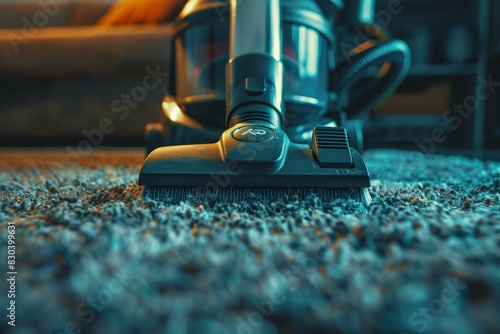 A close-up view of a modern vacuum cleaner working diligently on a shaggy carpet, capturing the essence of routine household cleanliness and maintenance