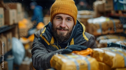 A dedicated delivery worker wearing a yellow beanie amid a busy warehouse filled with numerous packages, ready to be transported, and smiling warmly at the camera