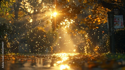 An enchanting autumn scene bathed in golden sunlight  with raindrops glistening as they fall through the canopy of richly colored leaves along a peaceful path