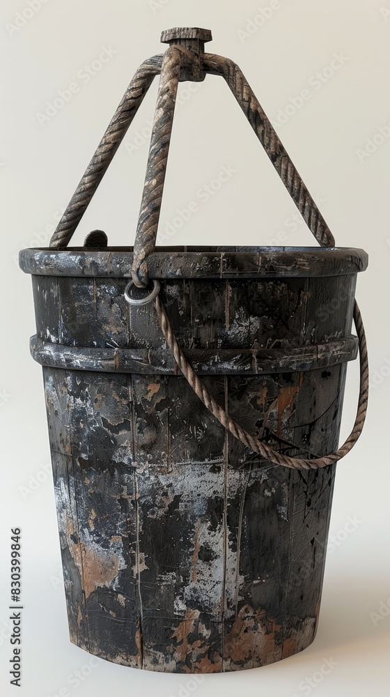 A meticulously detailed image of an old, weathered wooden bucket with metal reinforcements, showcasing its rustic charm and vintage appeal against a plain background A meticulously detailed image of an old, weathered wooden bucket with metal reinforcements, showcasing its rustic charm and vintage appeal against a plain background