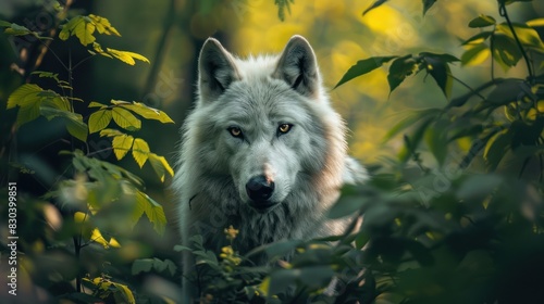 White wild wolf looking at the camera in the middle of a dense forest of green leaves.