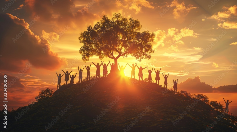 Silhouetted Group Celebrating at Sunset on Hilltop