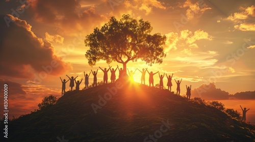 Silhouetted Group Celebrating at Sunset on Hilltop