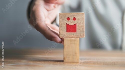 Reversing Negative Self Talk Symbol on Wooden Blocks Juxtaposed with Psychologist s Hand on Grey Background photo