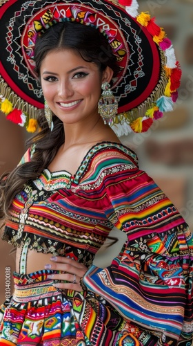 Portrait of a person in traditional colorful Mexican attire with a wide-brimmed hat adorned with intricate patterns and tassels, showcasing rich cultural heritage and festive celebration