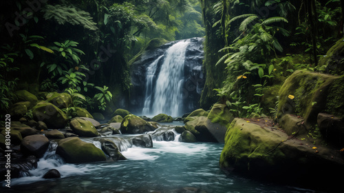 Jungle waterfall cascade in tropical rainforest with rock and turquoise blue pond. Its name Banyumala because its twin waterfall in mountain slope 