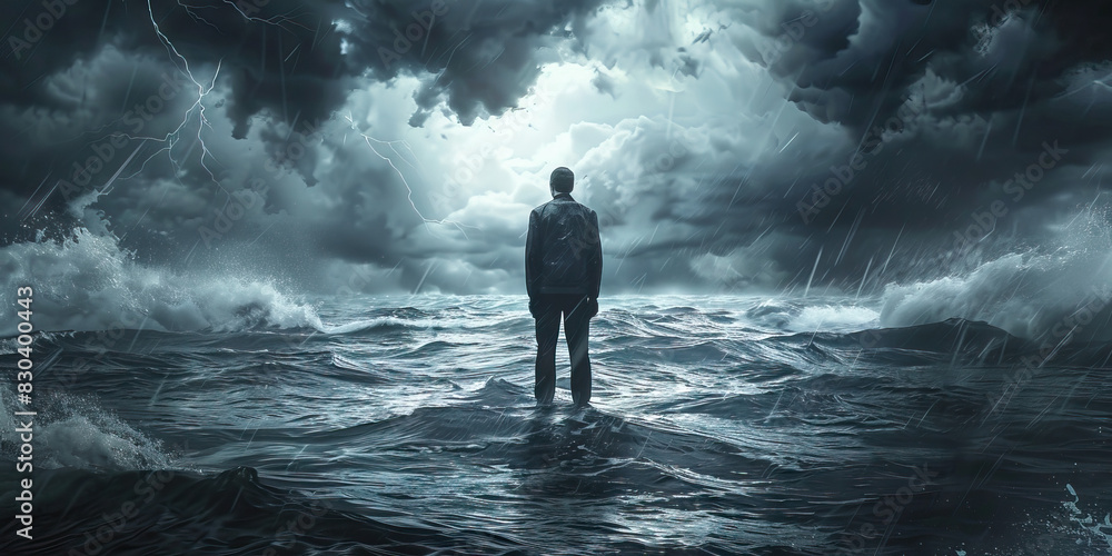 Fototapeta premium Resilience (Gray): A figure standing strong against a stormy background, representing the resilience of Gen Z protesters in the face of adversity