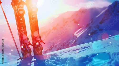 ski equipment on snow close up, focus on, copy space bright vibrant colors Double exposure silhouette with winter landscape