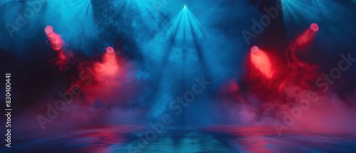 Spotlight concert stage or theater with red and blue smoke volume neon light effect