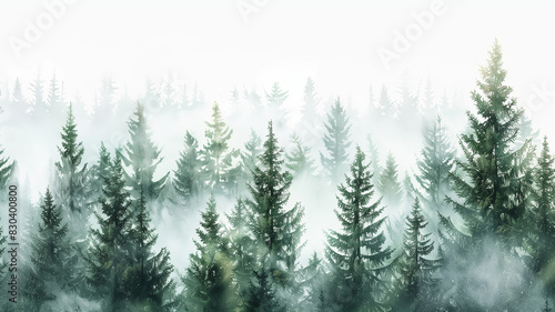 A dense forest of evergreen trees shrouded in mist against a white background © mister
