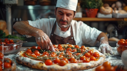 Pizza Chefs Devoted Creation Fresh Tomato Sauce Spread on Dough in a Bustling Pizzeria