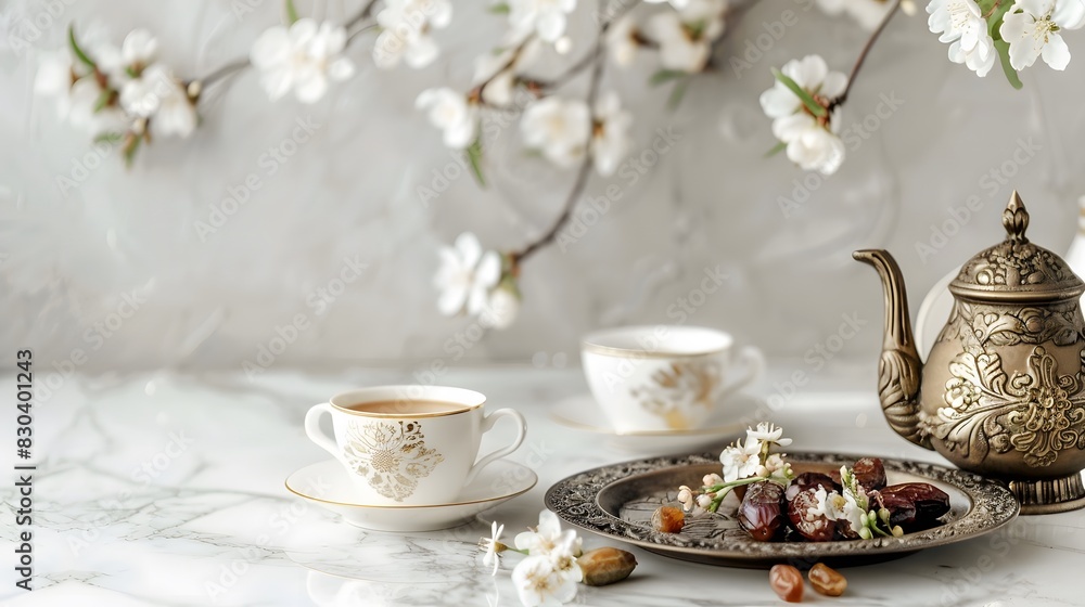 about Ramadan Kareem greeting card, invitation. Ornamental tea, coffee cup, bronze plate with dates fruit, white blooming prunus tree branch on white table. Iftar dinner. Eid ul Adha banner background about Ramadan Kareem greeting card, invitation. Ornamental tea, coffee cup, bronze plate with dates fruit, white blooming prunus tree branch on white table. Iftar dinner. Eid ul Adha banner background