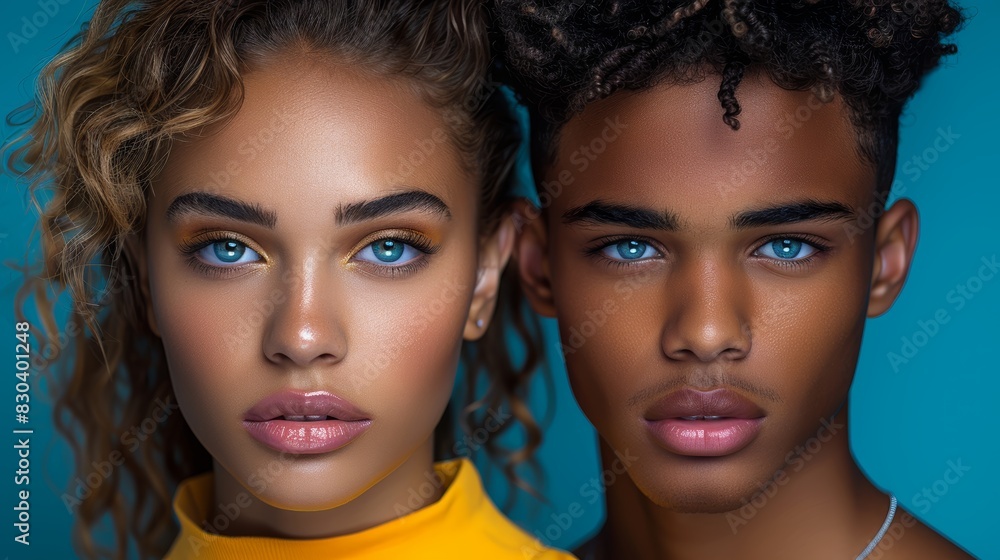 Obraz premium An up-close and detailed portrait of two individuals with striking blue eyes against a soft turquoise background, highlighting strong facial features and expressive eyes