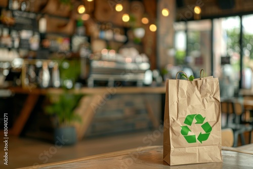 Eco-Friendly Paper Bag with Recycling Symbol in a Modern Cafe