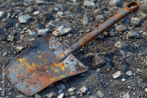 An old, rusted shovel abandoned on a rocky surface, showing signs of corrosion and wear, blending into the rough, textured gravel background