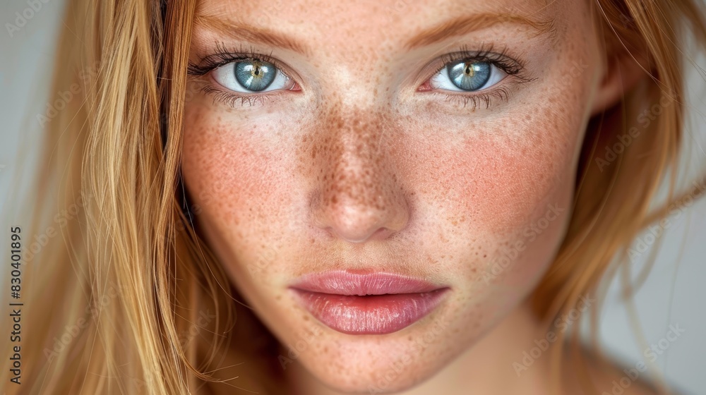 A close-up portrait of a woman with red hair, striking blue eyes, and freckles, showcasing detailed facial features and natural beauty in high resolution A close-up portrait of a woman with red hair, striking blue eyes, and freckles, showcasing detailed facial features and natural beauty in high resolution