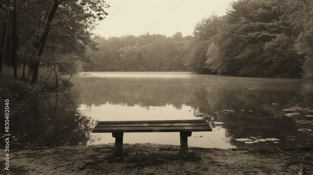 Obraz premium Serene view of a bench by a misty lake surrounded by forested hills during an early morning in autumn, captured in a sepia tone