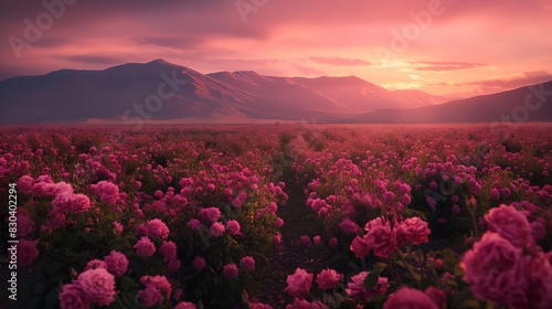 Amazing sunset over the black rose valley Endless rows of rose bushes with a mountain range in the background.Beautiful Landscape With Stream, Mountains, and Forrest © AI