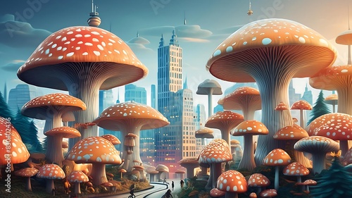 Small City Amidst Towering Mushroom Caps