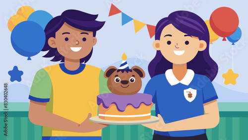 A parentchild team proudly displays their creation a homemade cake decorated with the schools mascot and colors.. Vector illustration