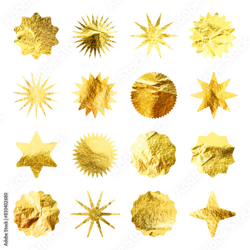 Golden stars, sunburst symbols. Shiny gold foil. Vintage sunbeam symbols. Shopping labels, sale sticker, quality mark. Modern art. Wedding, greeting card decoration elements. Vector illustration