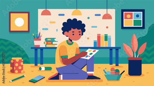 In the art room the walls are lined with colorful creations while a shy student sits in the corner nervously attempting to create soing worthy of displaying.. Vector illustration