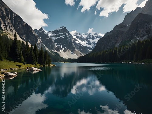 Mountain with deep, blue alpine lakes, nestled in valleys, clear and cold, mountain water, generative AI