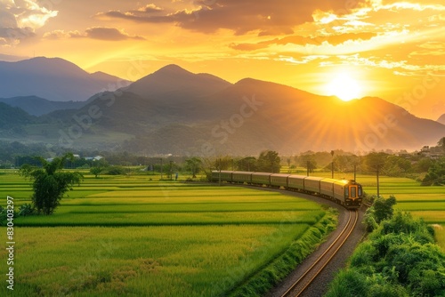 Scenic Train Journey Through Lush Green Fields at Sunset