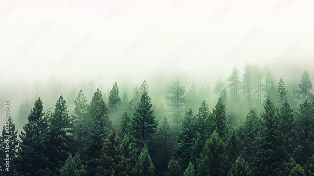 A dense forest of evergreen trees shrouded in mist against a white background A dense forest of evergreen trees shrouded in mist against a white background