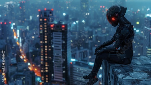 Sci-fi girl cyborg black armor suit sitting with futuristic skyscraper city building scene at night © artbot