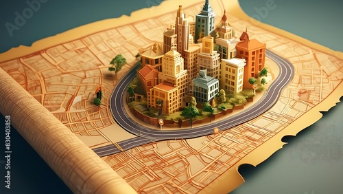 Miniature cityscape on maps