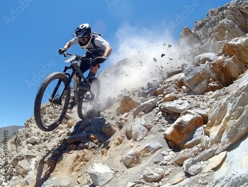 A man is riding a bike down a rocky hill. The bike is in the air and the man is wearing a helmet. The scene is exciting and adventurous