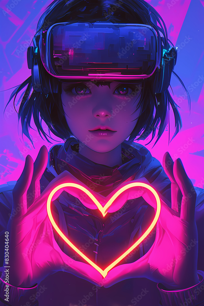 Beautiful woman with VR glasses and headset. Metaverse digital virtual reality technology. Augmented reality, game, future technology, AI concept. Pro gamer girl. Illustration in anime style Beautiful woman with VR glasses and headset. Metaverse digital virtual reality technology. Augmented reality, game, future technology, AI concept. Pro gamer girl. Illustration in anime style