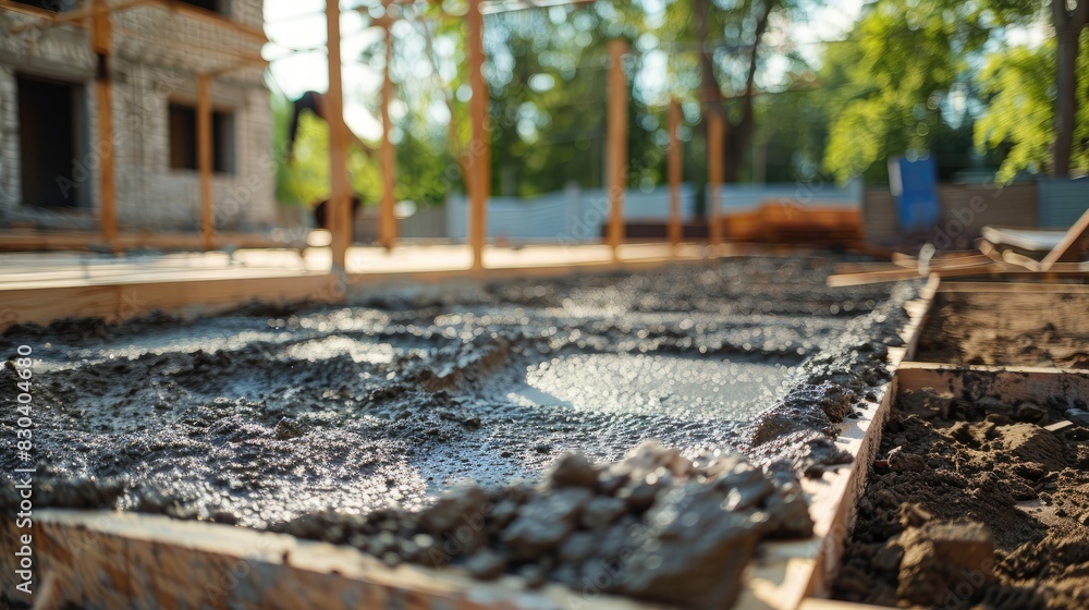 Building the base for a home Placement of cement Building the base for a home Placement of cement