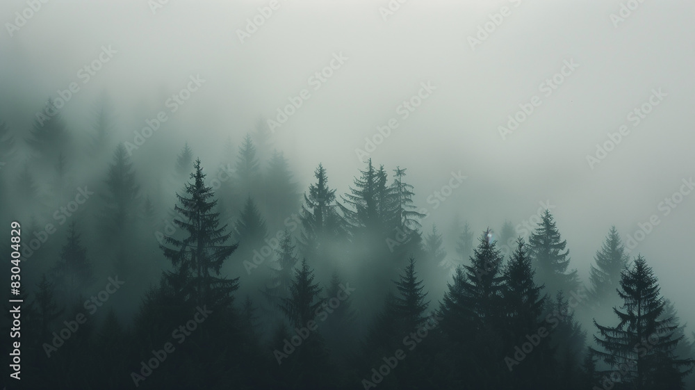 A dense forest of evergreen trees shrouded in mist against a white background