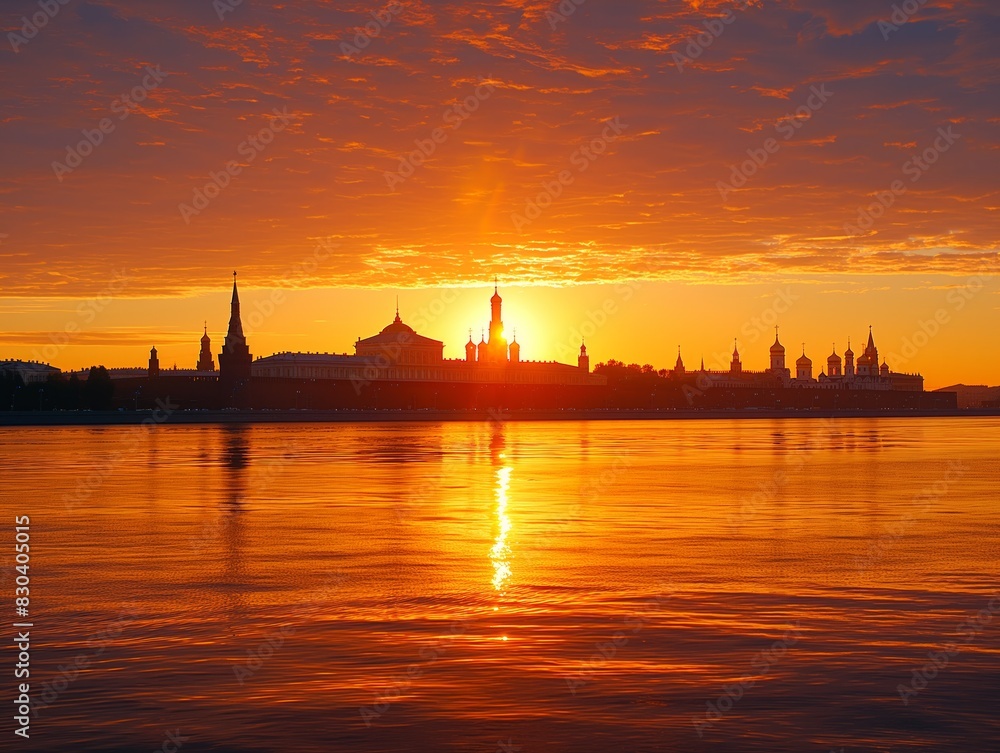 A beautiful sunset over a city skyline with a large building in the foreground. The sky is orange and the water is calm A beautiful sunset over a city skyline with a large building in the foreground. The sky is orange and the water is calm