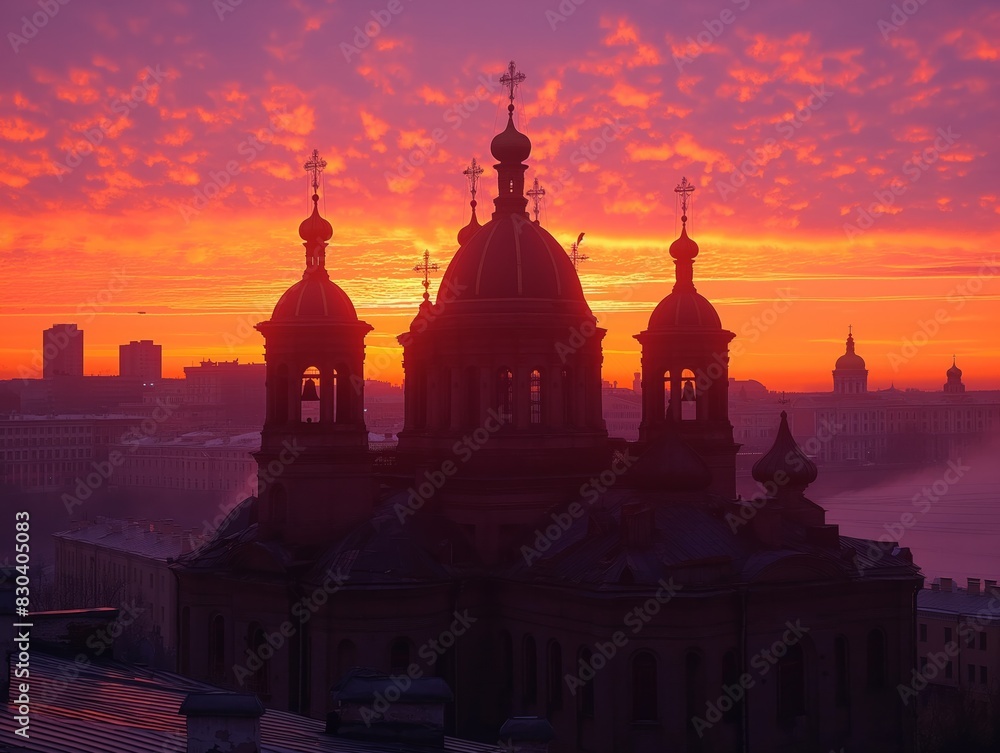The sun is setting over a city with a large cathedral in the background. The sky is a beautiful mix of orange and pink hues, creating a serene and peaceful atmosphere