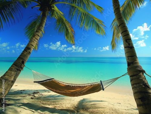 A hammock is hanging between two palm trees on a beach. The hammock is suspended over the ocean, and the sky is clear and blue. The scene is peaceful and relaxing, perfect for a day of lounging