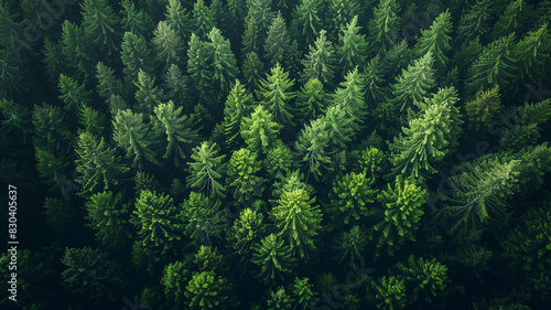 Aerial view of a green pine forest in spring, with a nature background.