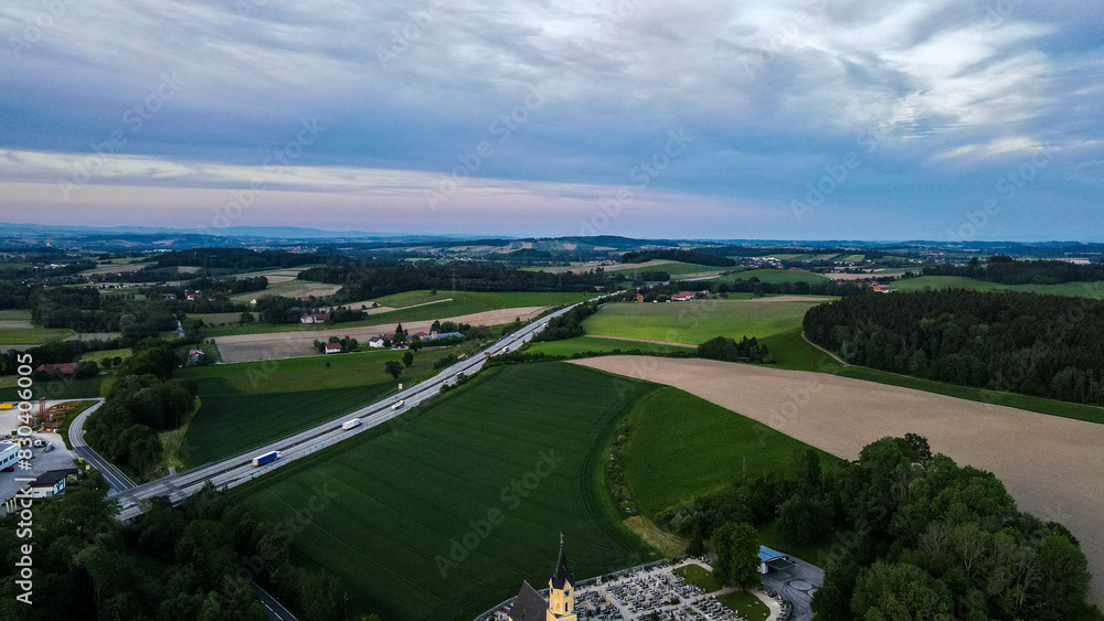Sunset Haag am Hausruck Austria, aerial dron view, not AI Sunset Haag am Hausruck Austria, aerial dron view, not AI